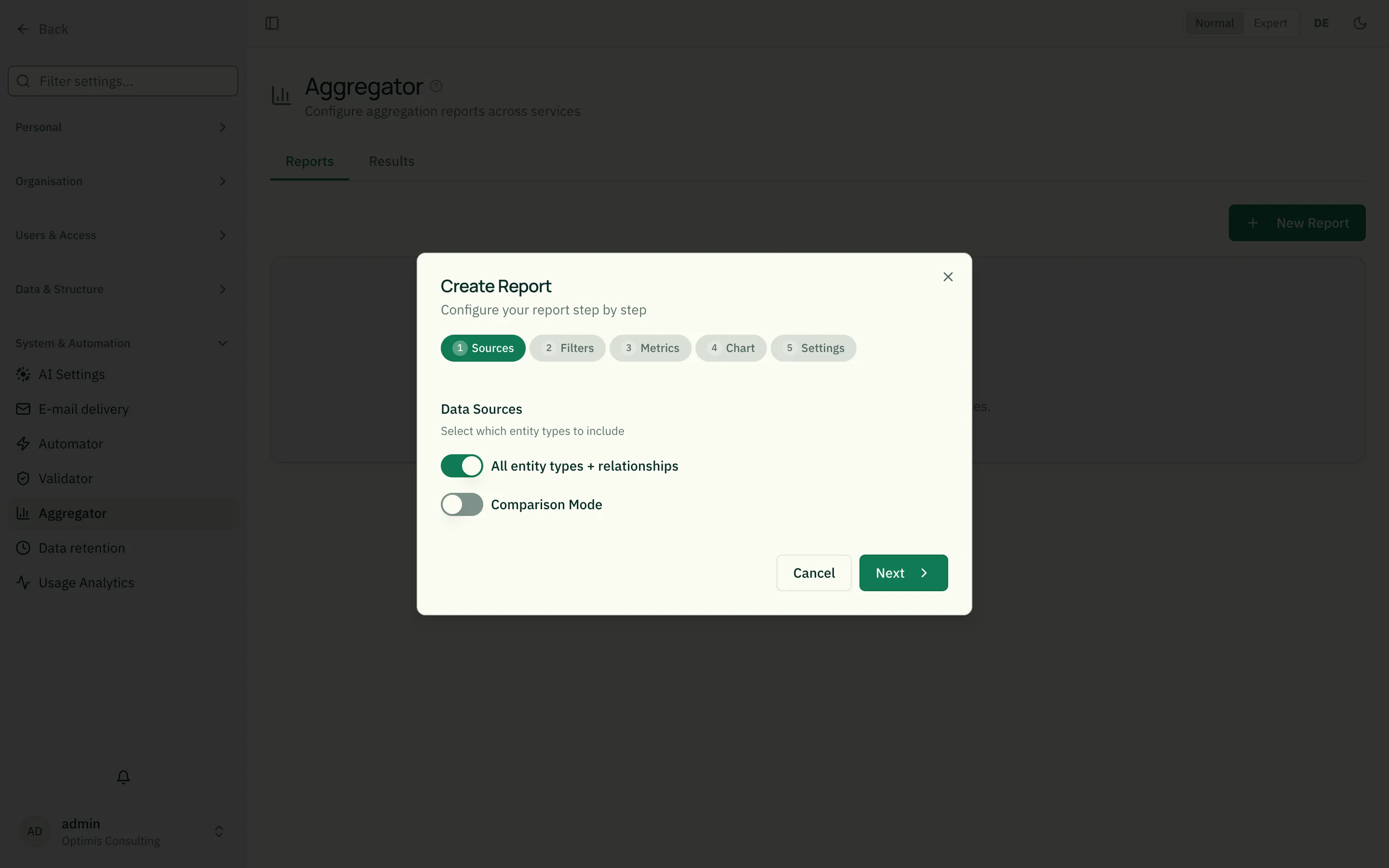 Report builder with data sources, filters and metrics