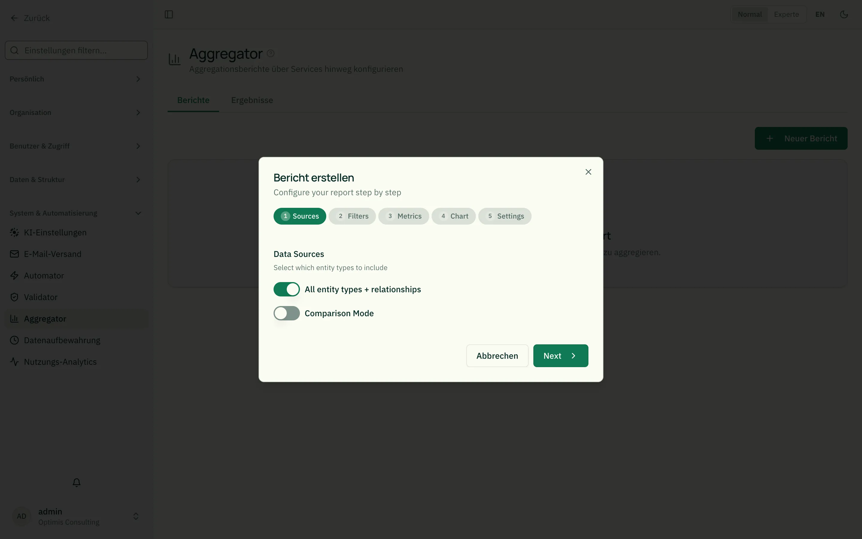 Report-Builder mit Datenquellen, Filtern und Metriken