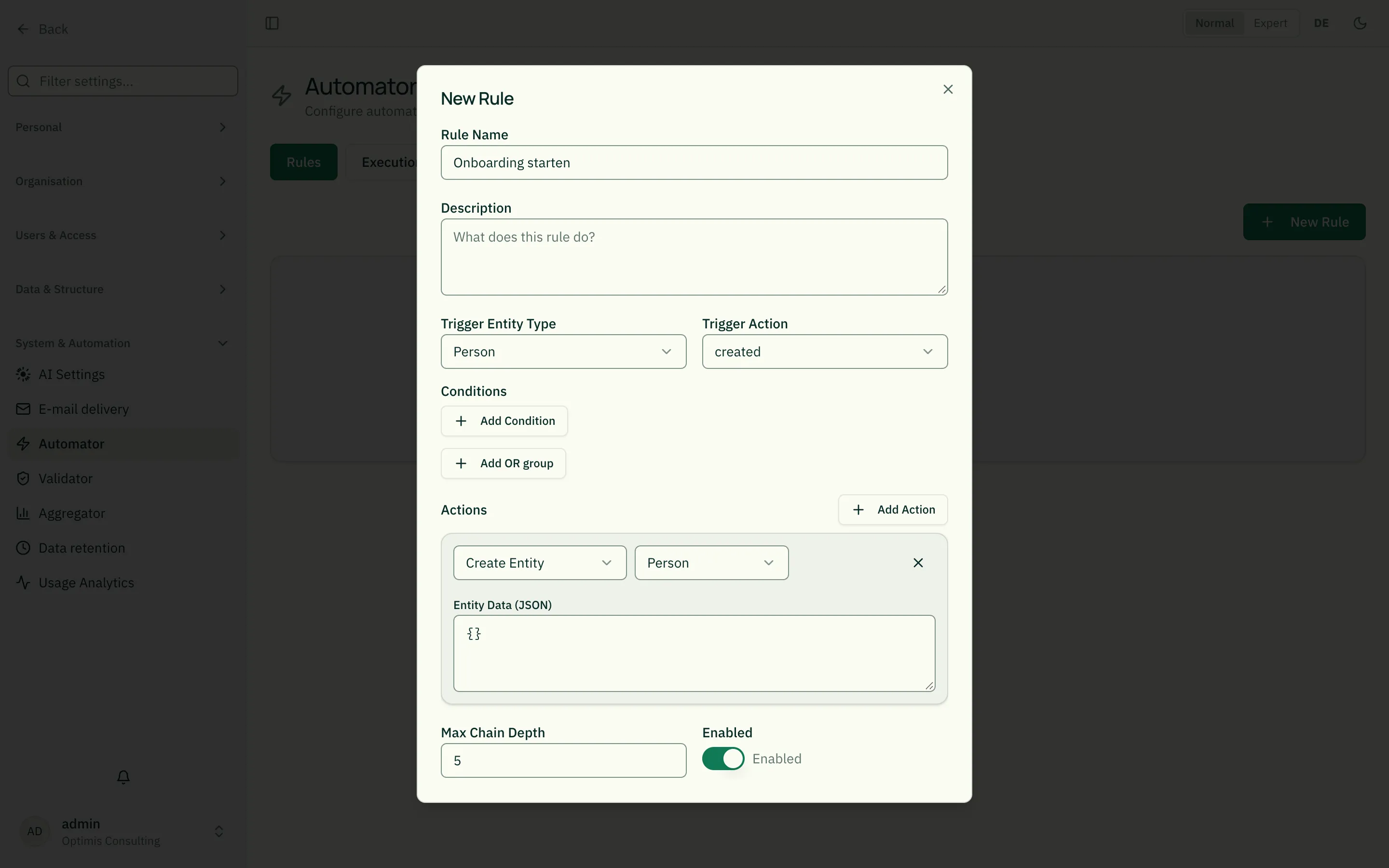 Rule editor with trigger, conditions and actions