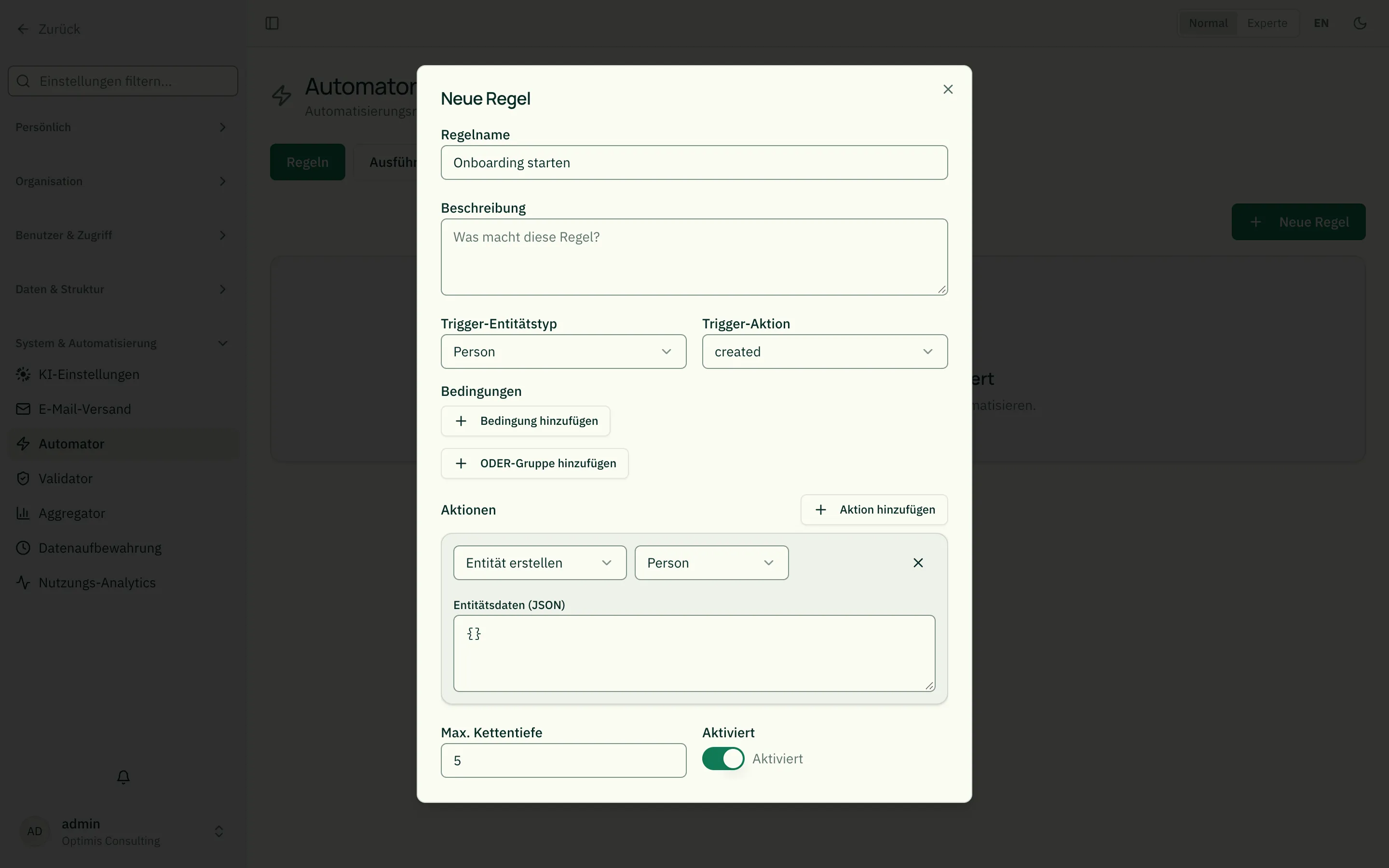 Regel-Editor mit Auslöser, Bedingungen und Aktionen