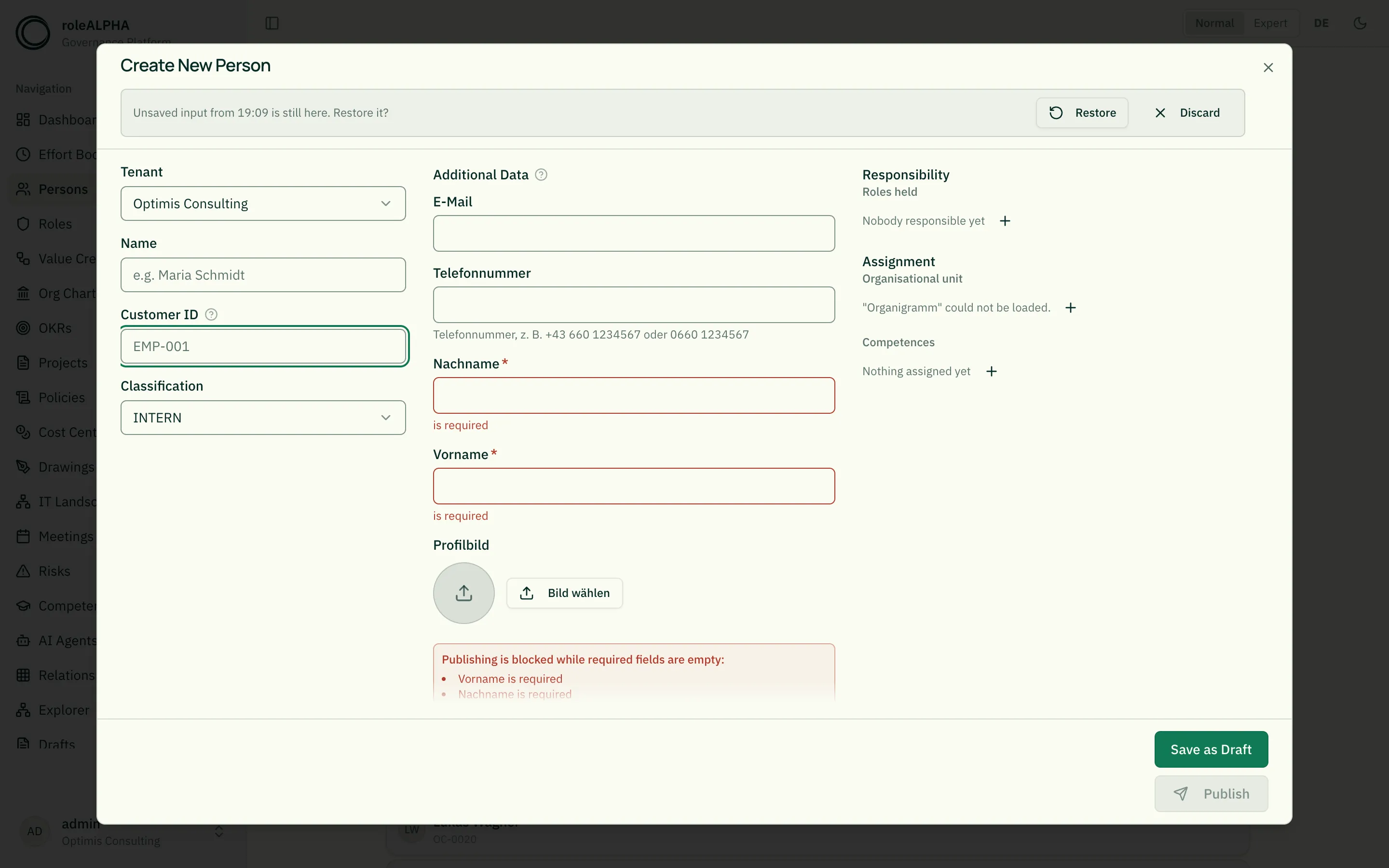 Customer ID field in the create form