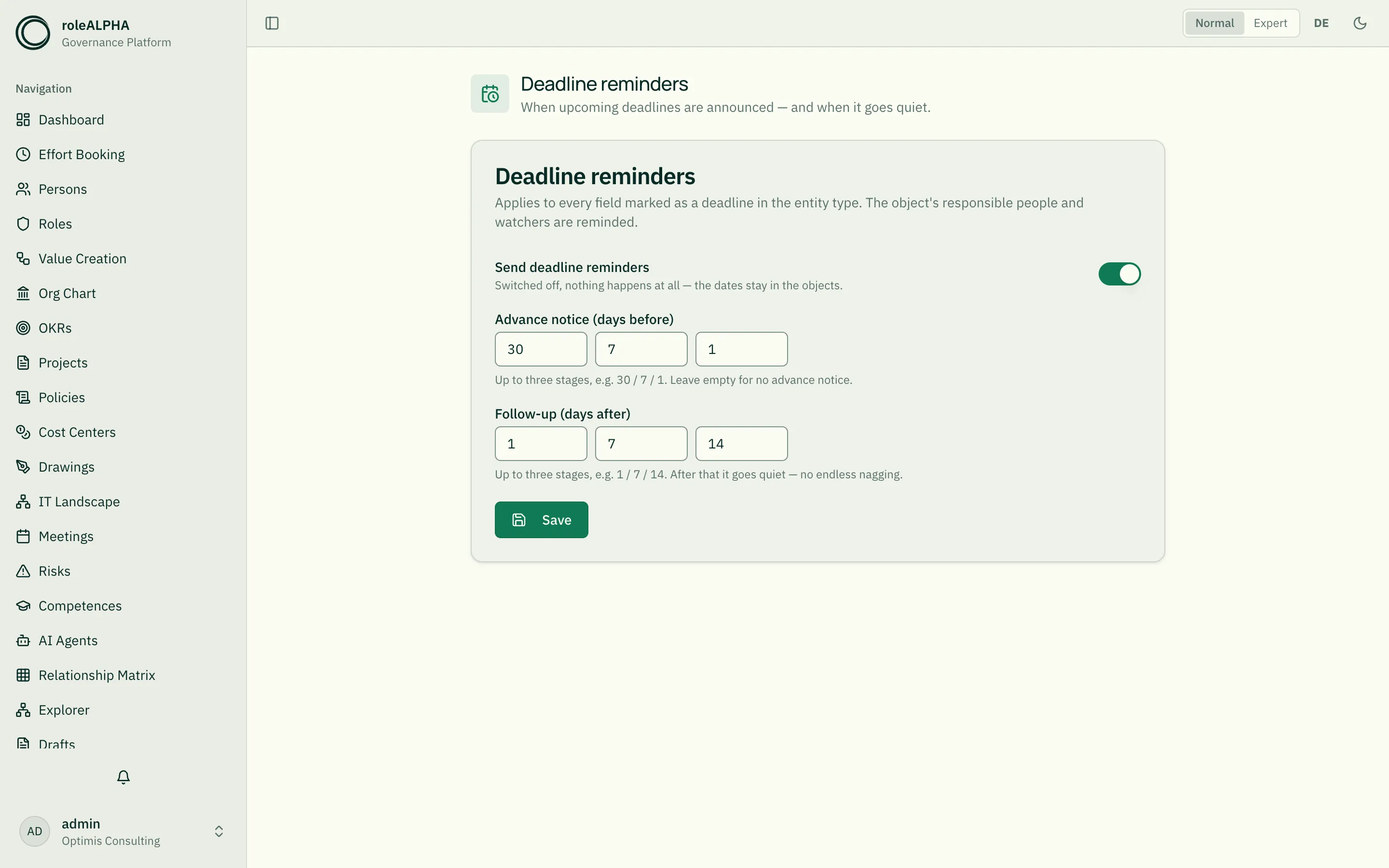 The Deadline reminders settings page with a toggle, three advance and three follow-up stages