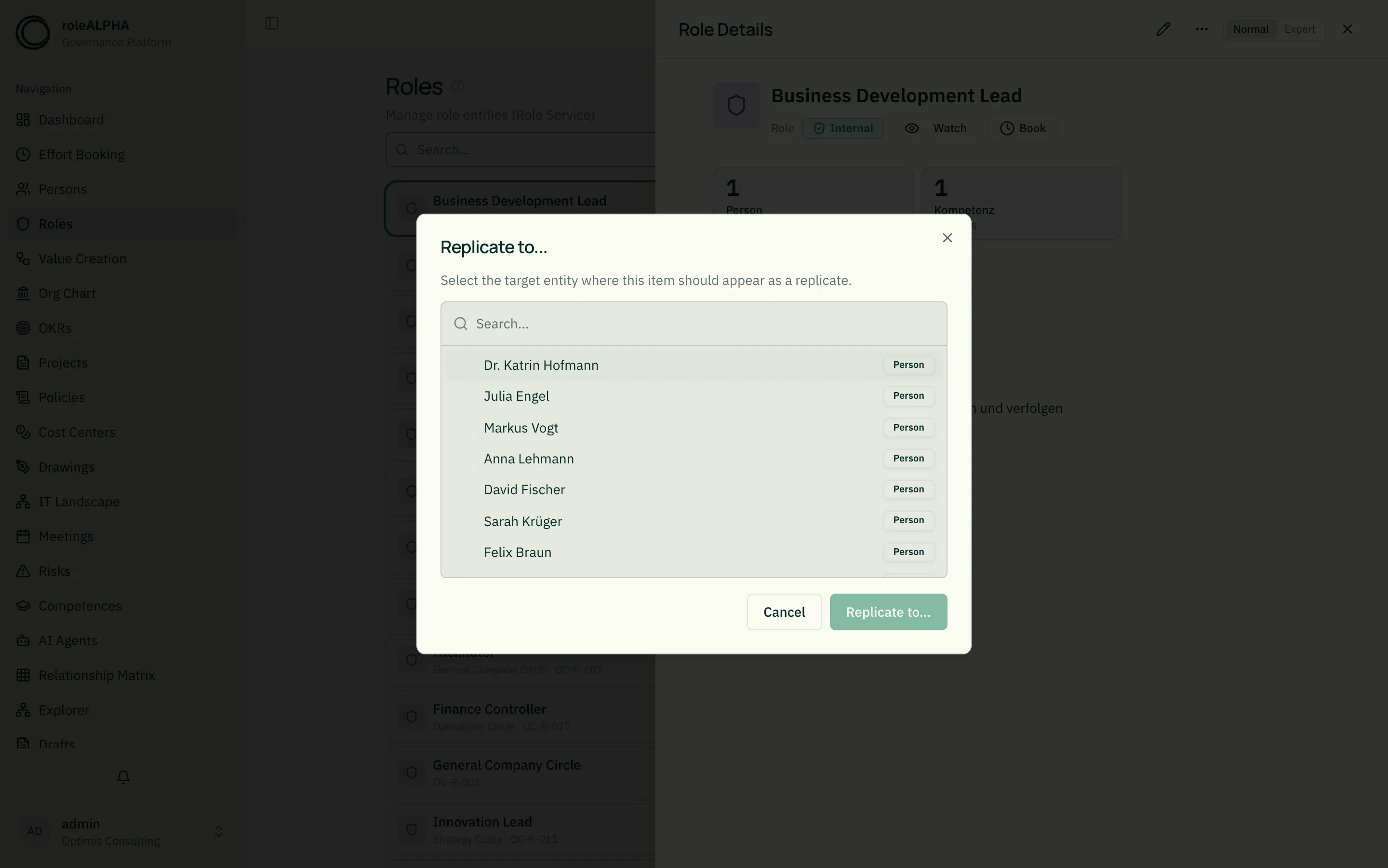 Target selection in the replicate dialog