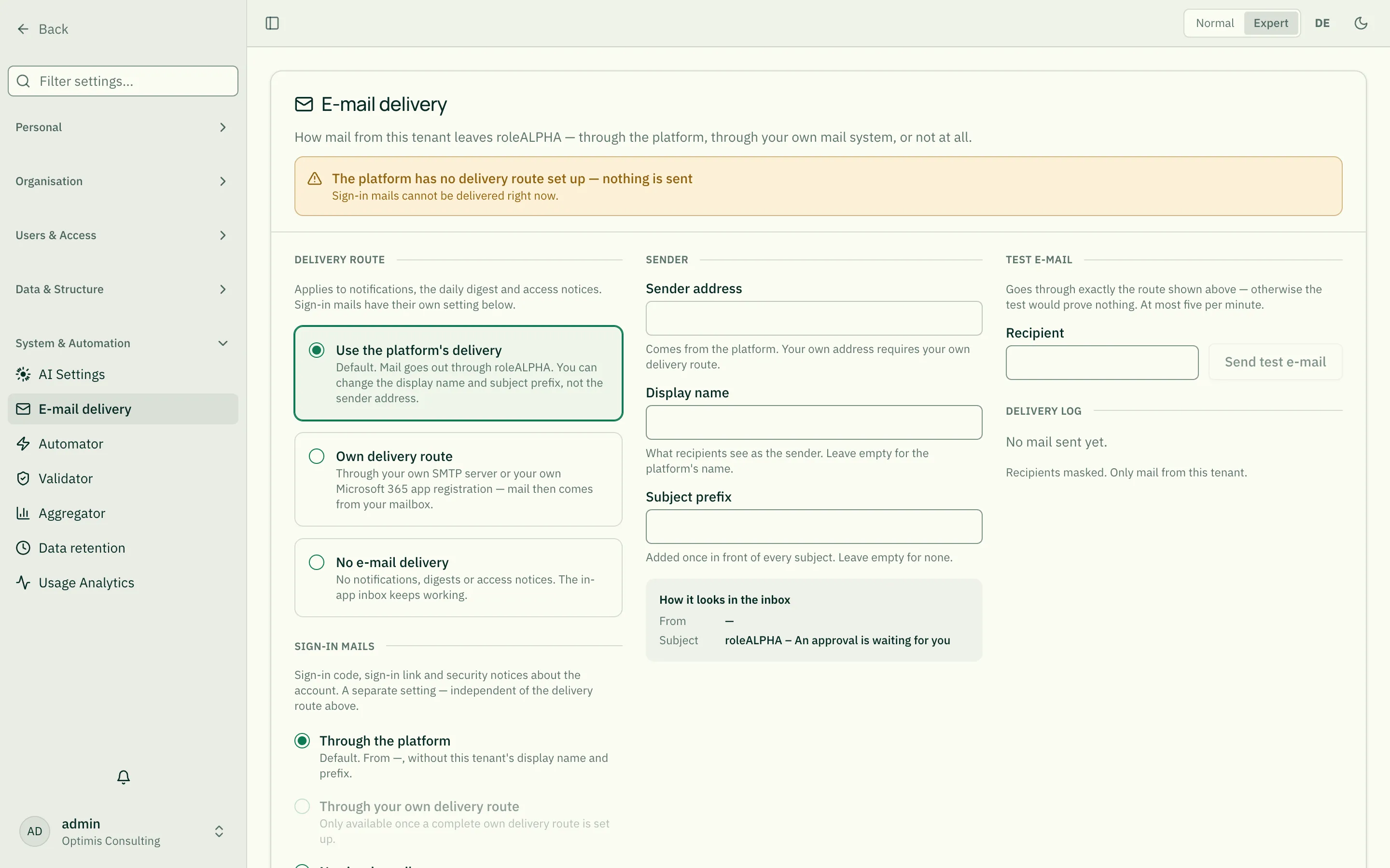 The E-mail delivery page: delivery route and sign-in mails on the left, sender with preview in the middle, test e-mail and delivery log on the right