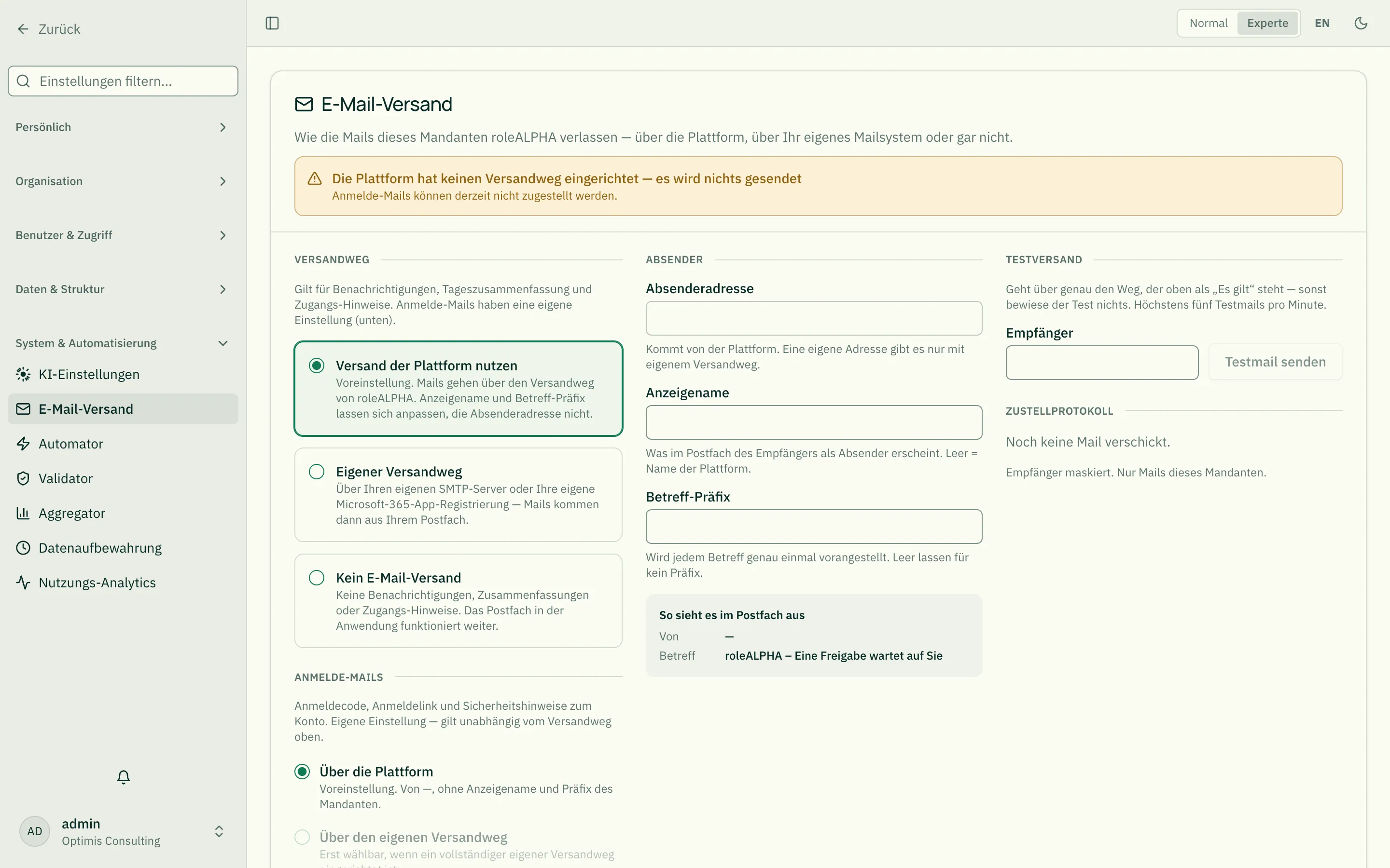 Die Seite E-Mail-Versand: links Versandweg und Anmelde-Mails, in der Mitte der Absender mit Vorschau, rechts Testversand und Zustellprotokoll