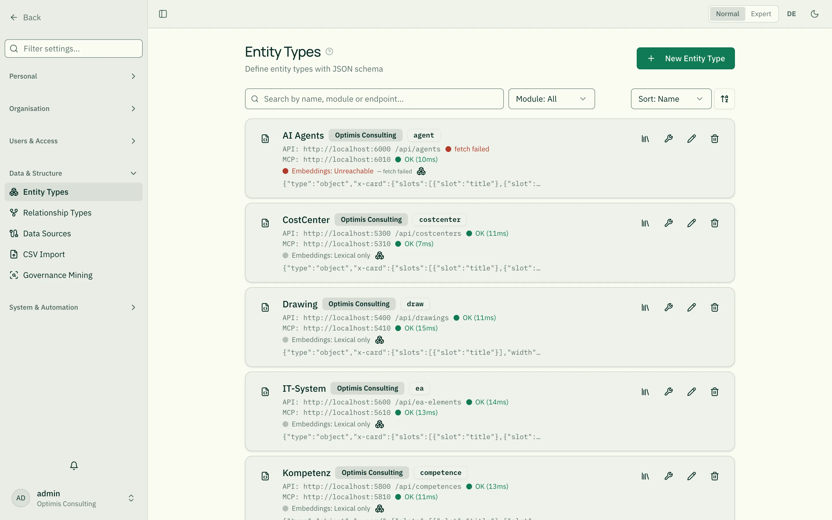 Entity types admin page