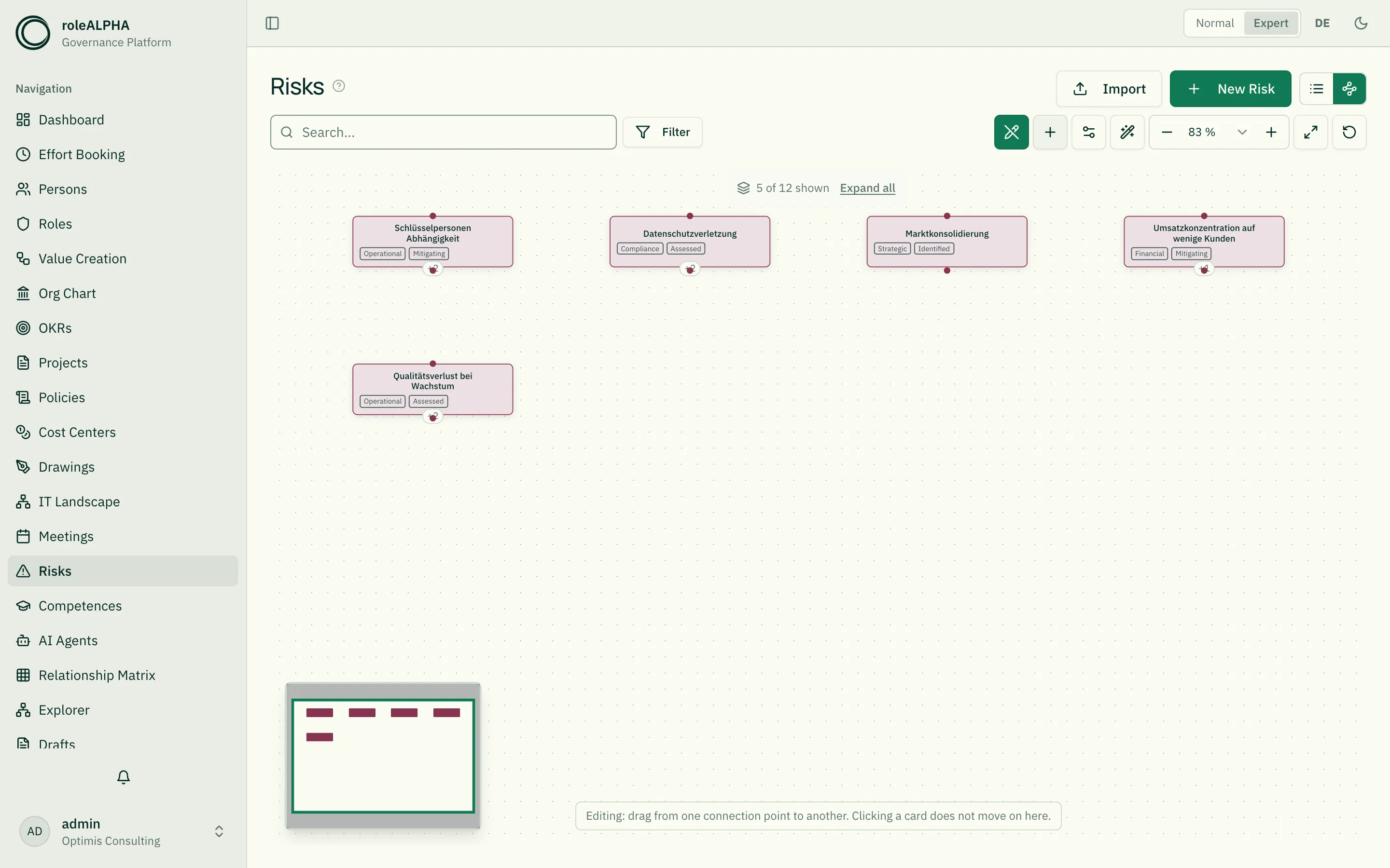 The explorer in the risks area with edit mode on: connection points sit on every card, and the toolbar carries pencil, plus and gear
