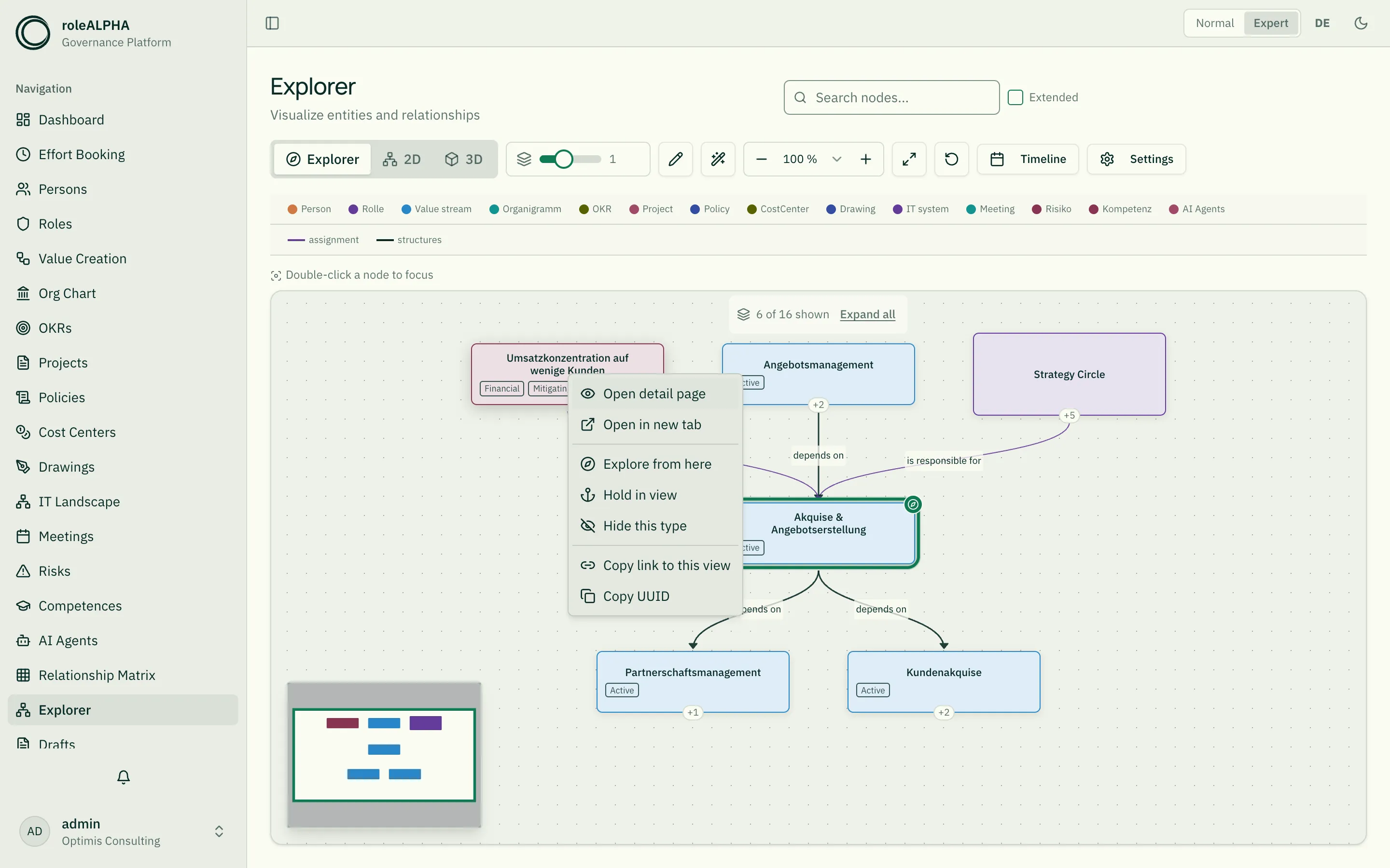 Explorer: the right-click menu of a card with detail page, hold in view, expand and copy