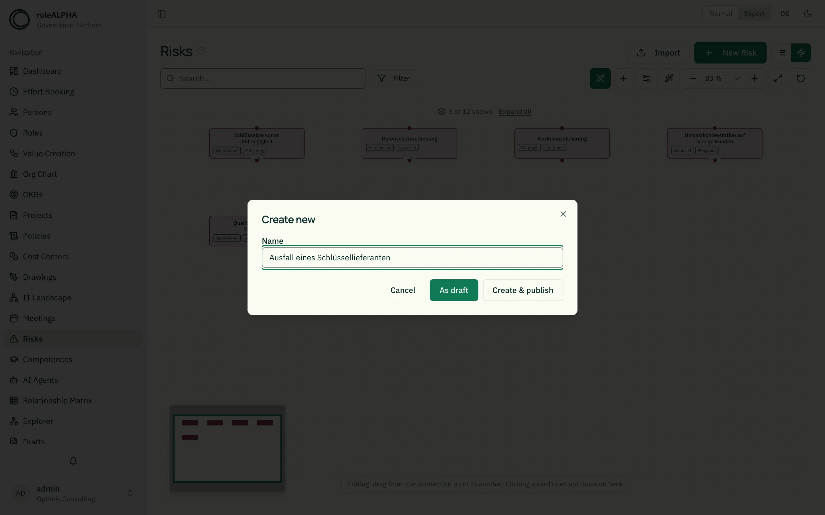 The create dialog with a name filled in and the two ways, "As draft" and "Create & publish"