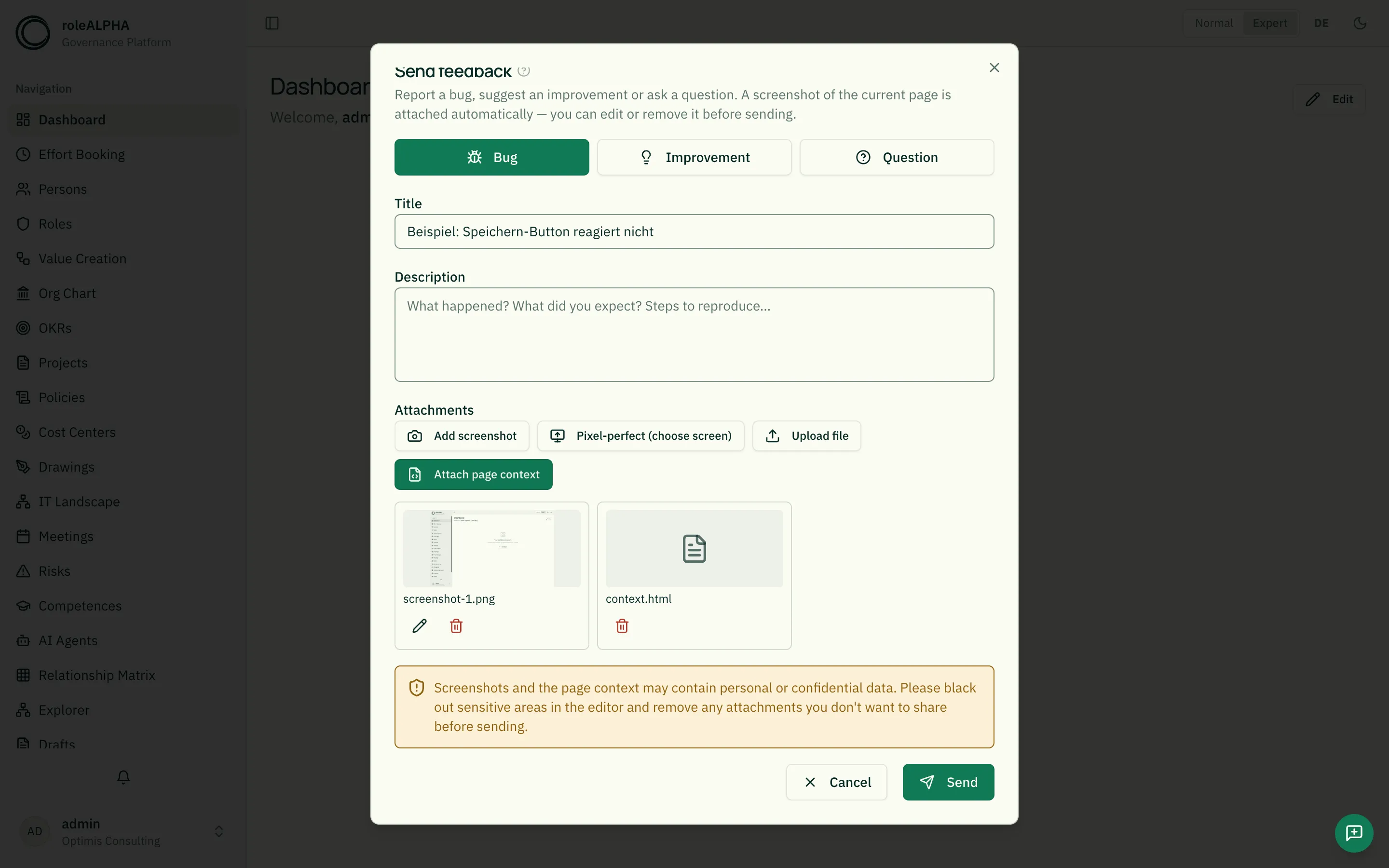 Feedback dialog with screenshot and attachments