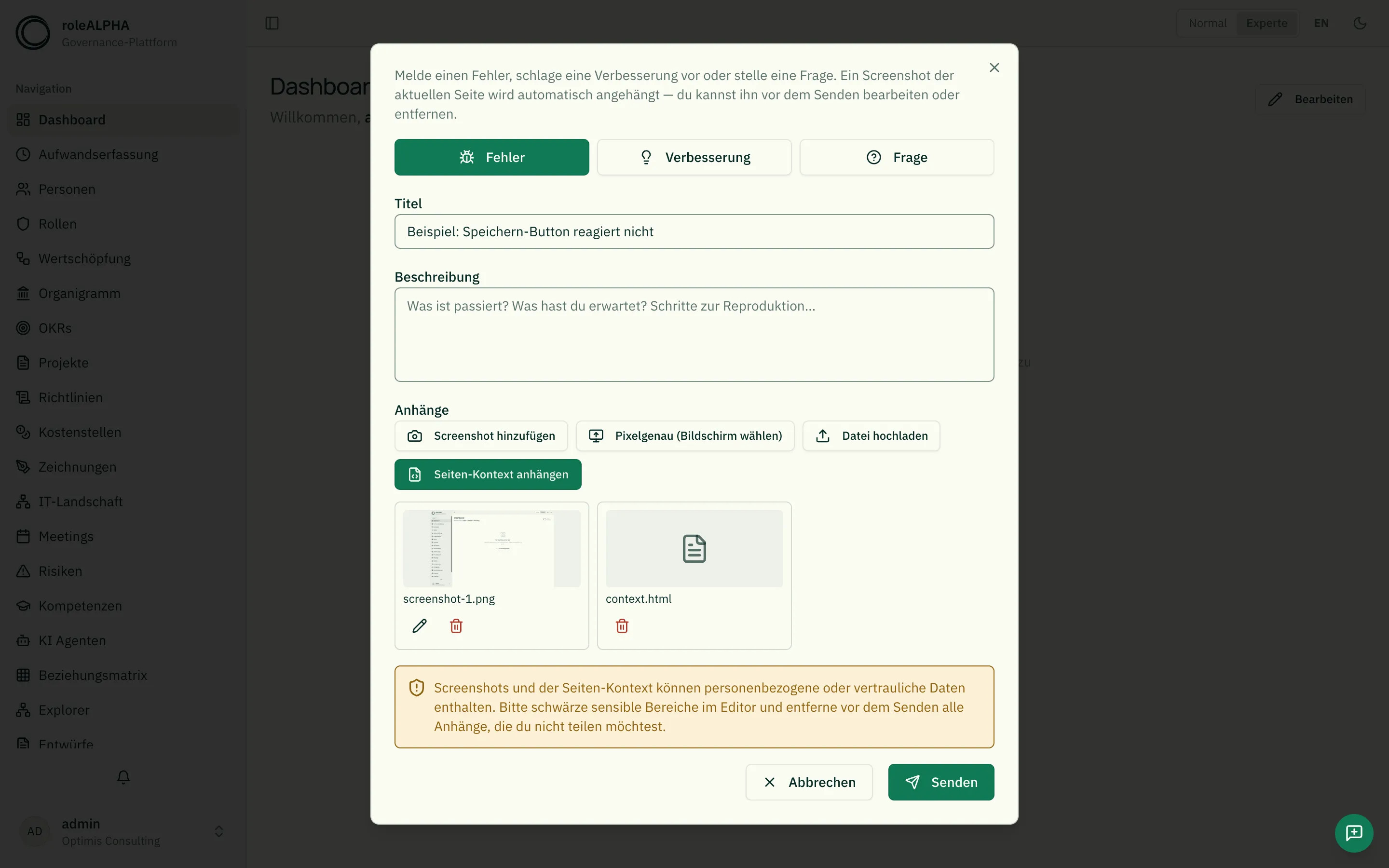 Feedback-Dialog mit Screenshot und Anhängen