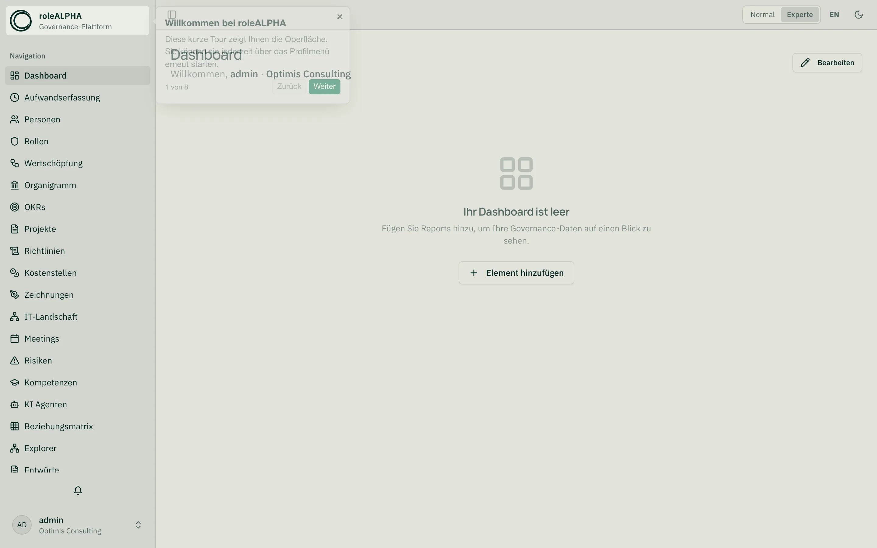 Dashboard nach Login