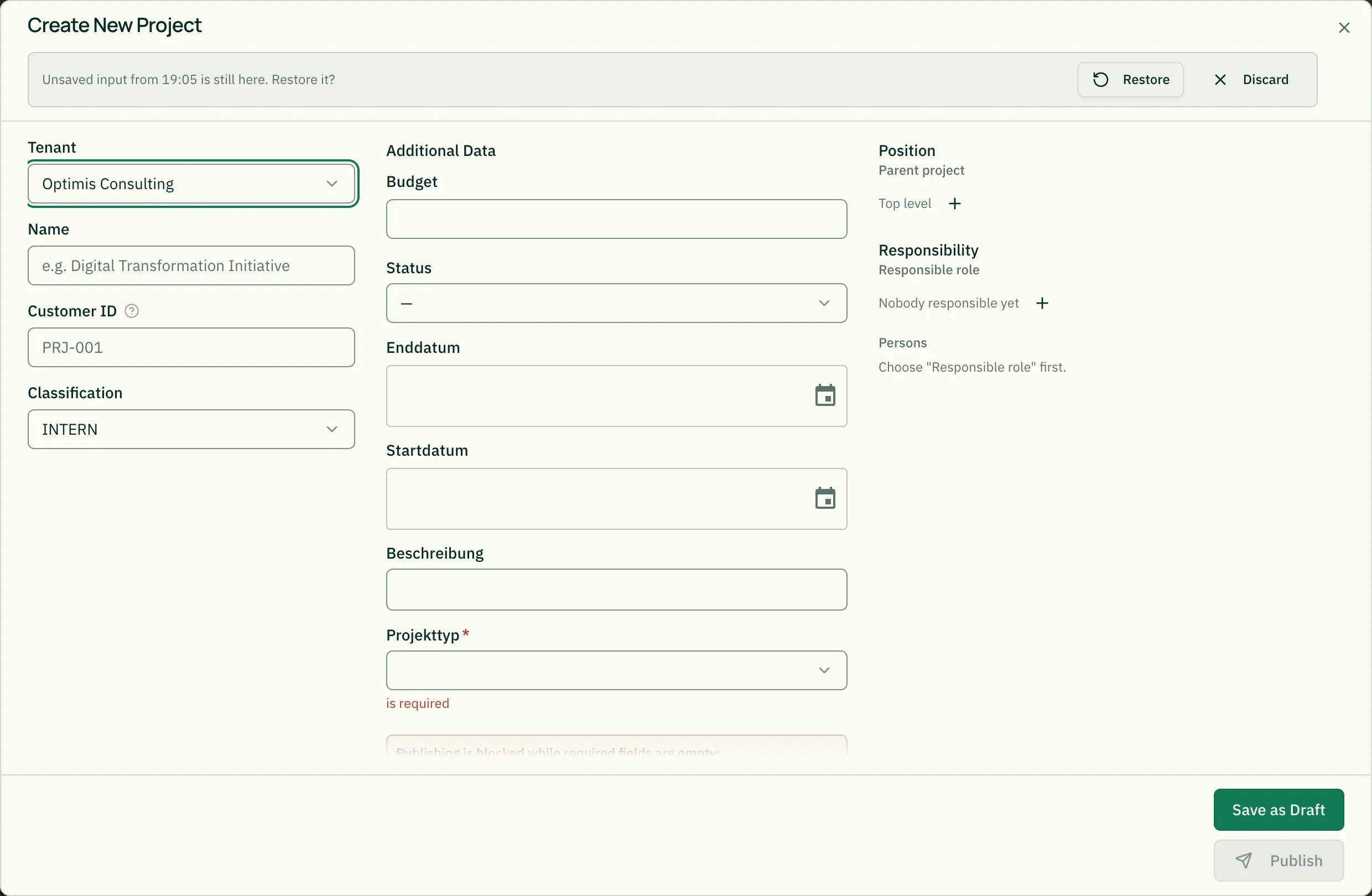 The form window when creating — three columns