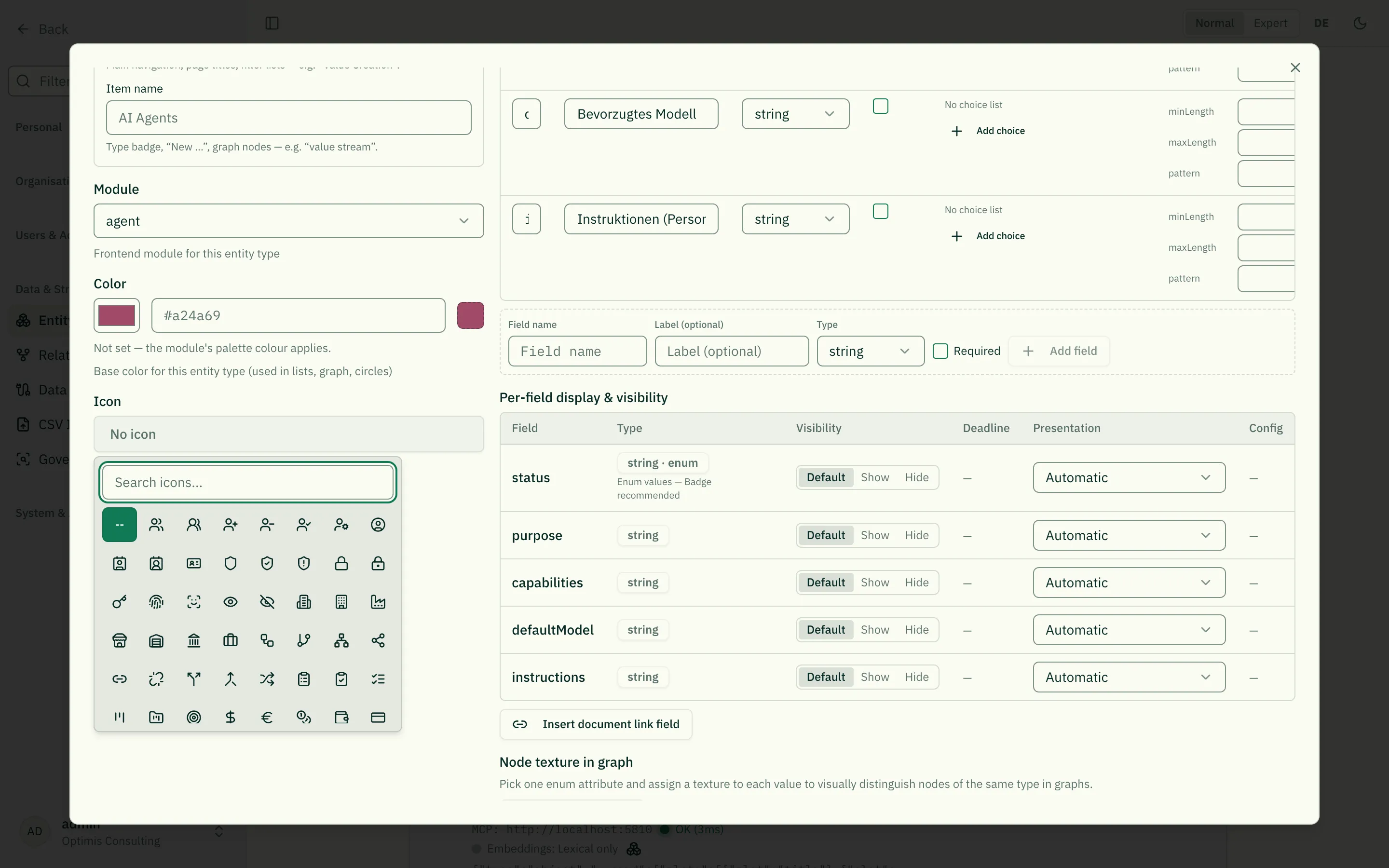 Icon picker with search field and icon grid — shown here in the entity-type dialog; an icon field brings up the same picker in the form