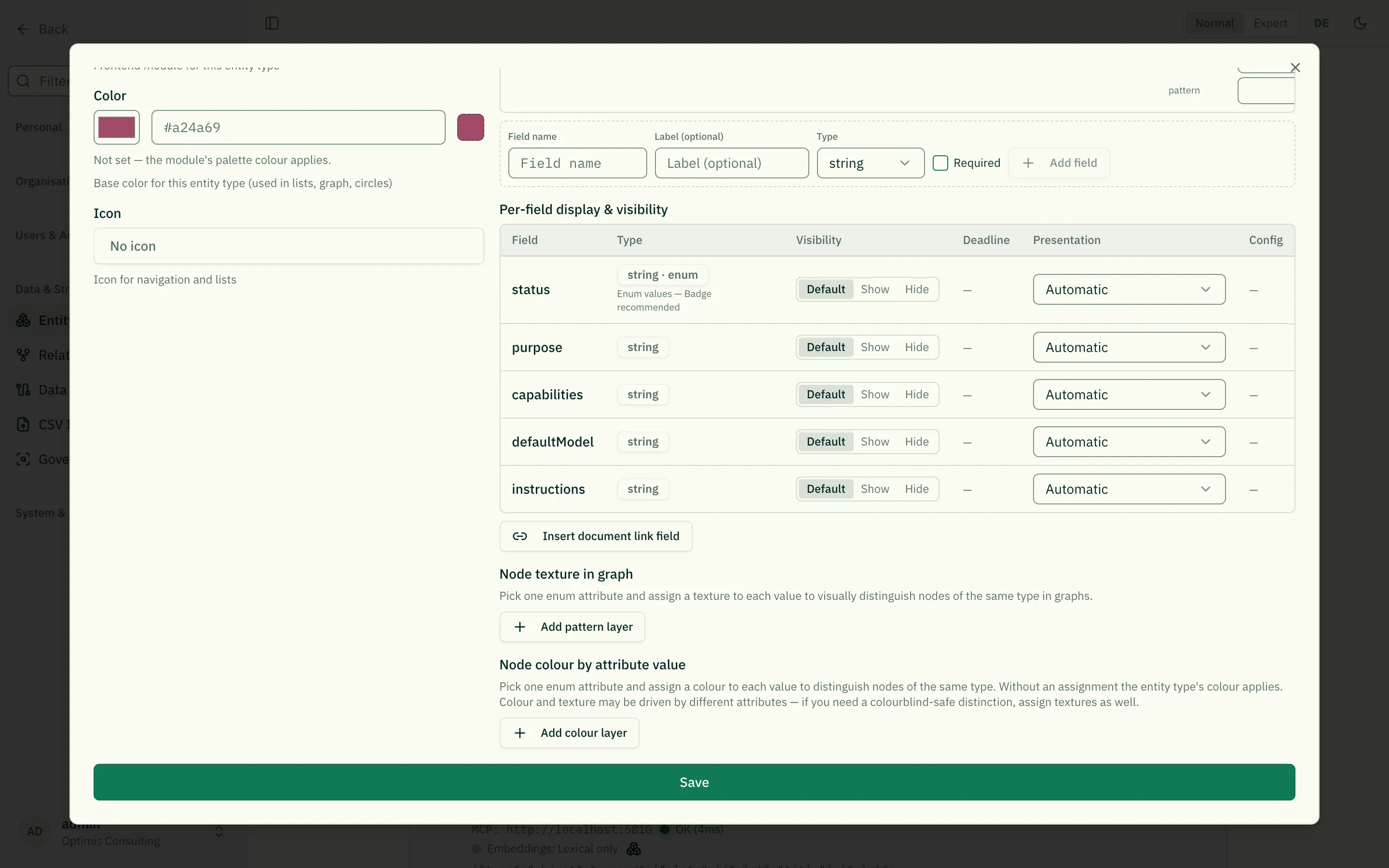 Entity type dialog: on the right the per-field table with the "insert document link field" button