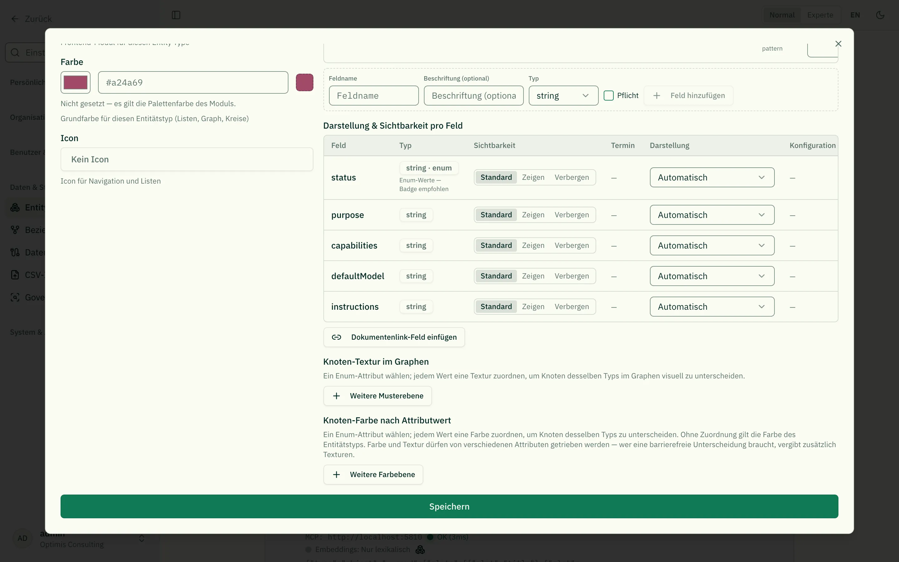Entitätstyp-Dialog: rechts die Feld-Tabelle „Darstellung & Sichtbarkeit pro Feld" mit dem Knopf „Dokumentenlink-Feld einfügen"