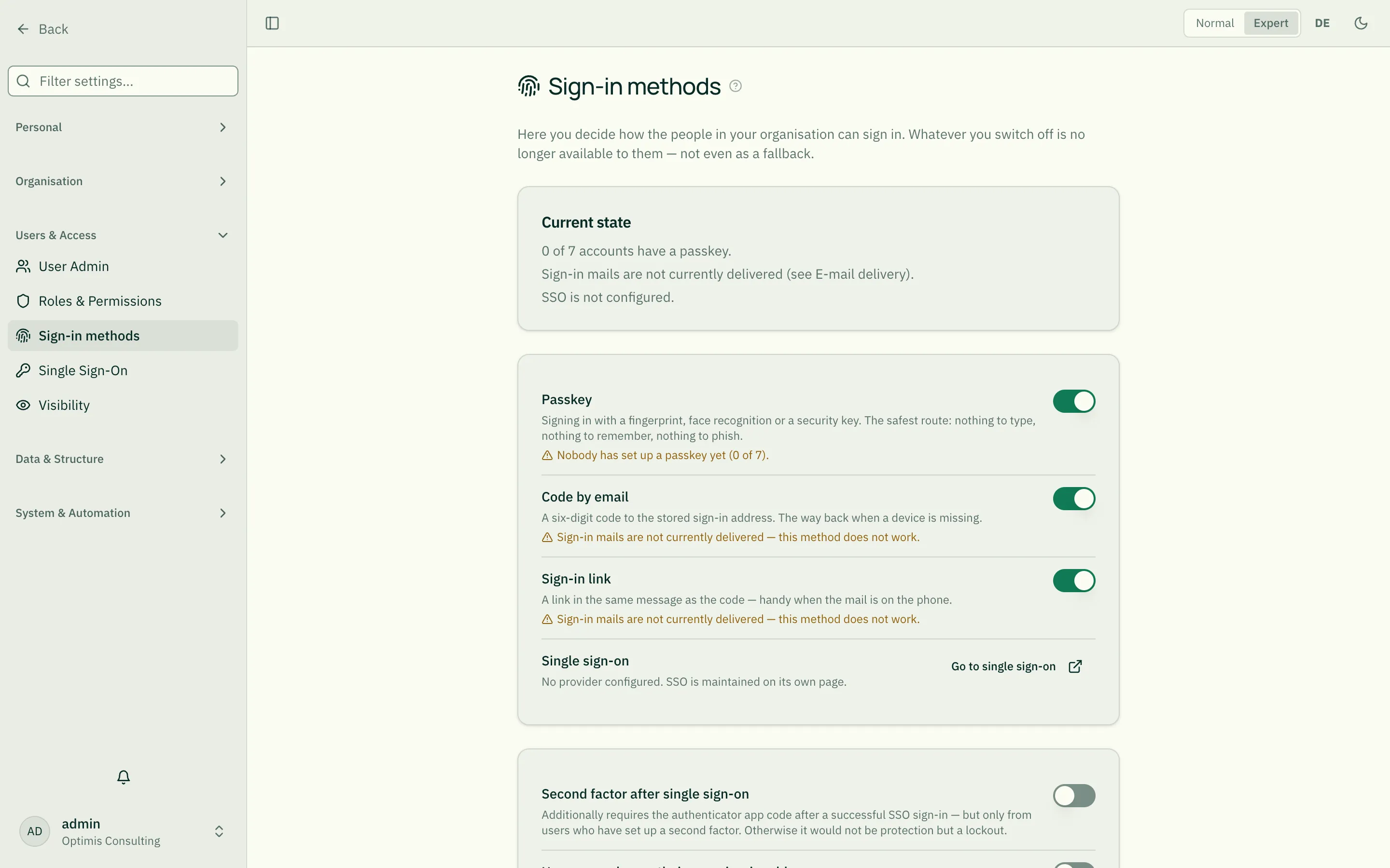 The Sign-in methods page: the current state above the switches, SSO as a switchless fourth entry