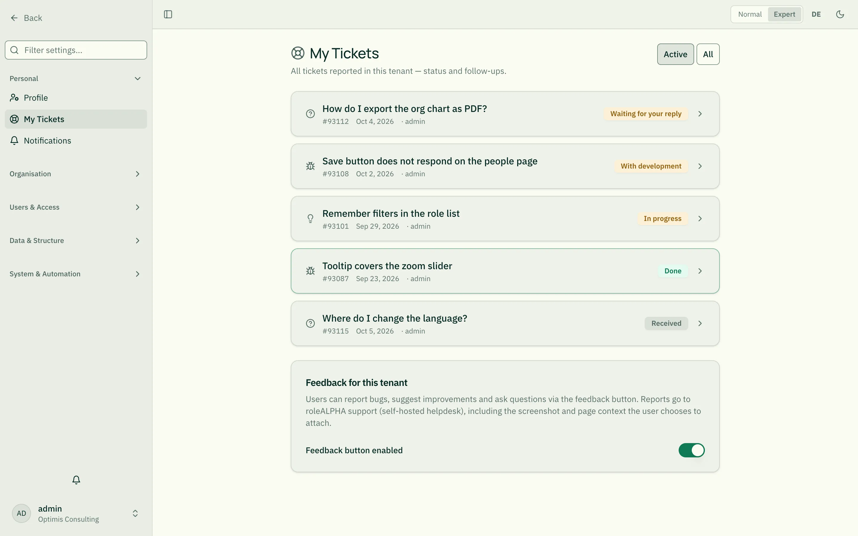My Tickets — overview with status