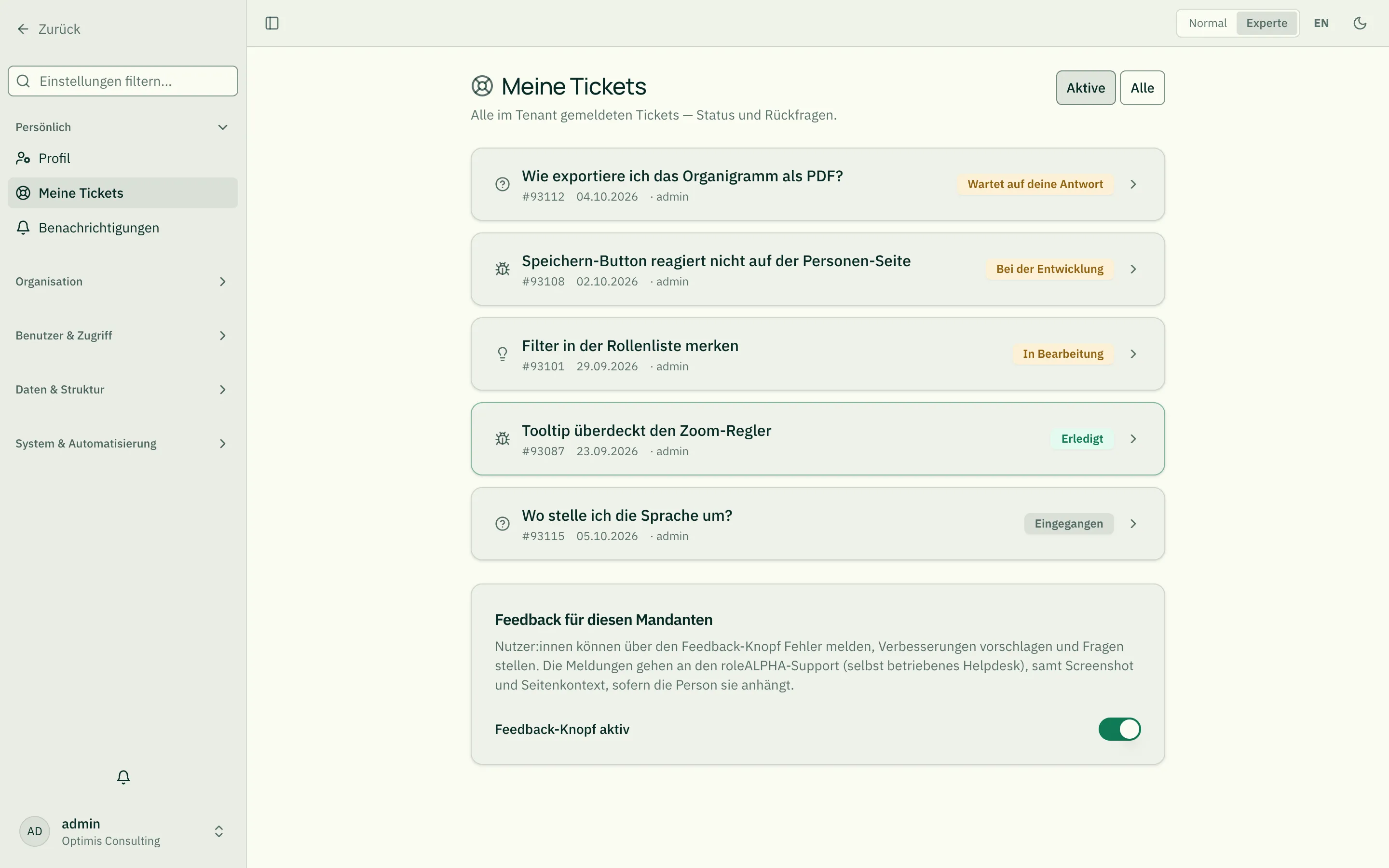 Meine Tickets — Übersicht mit Status