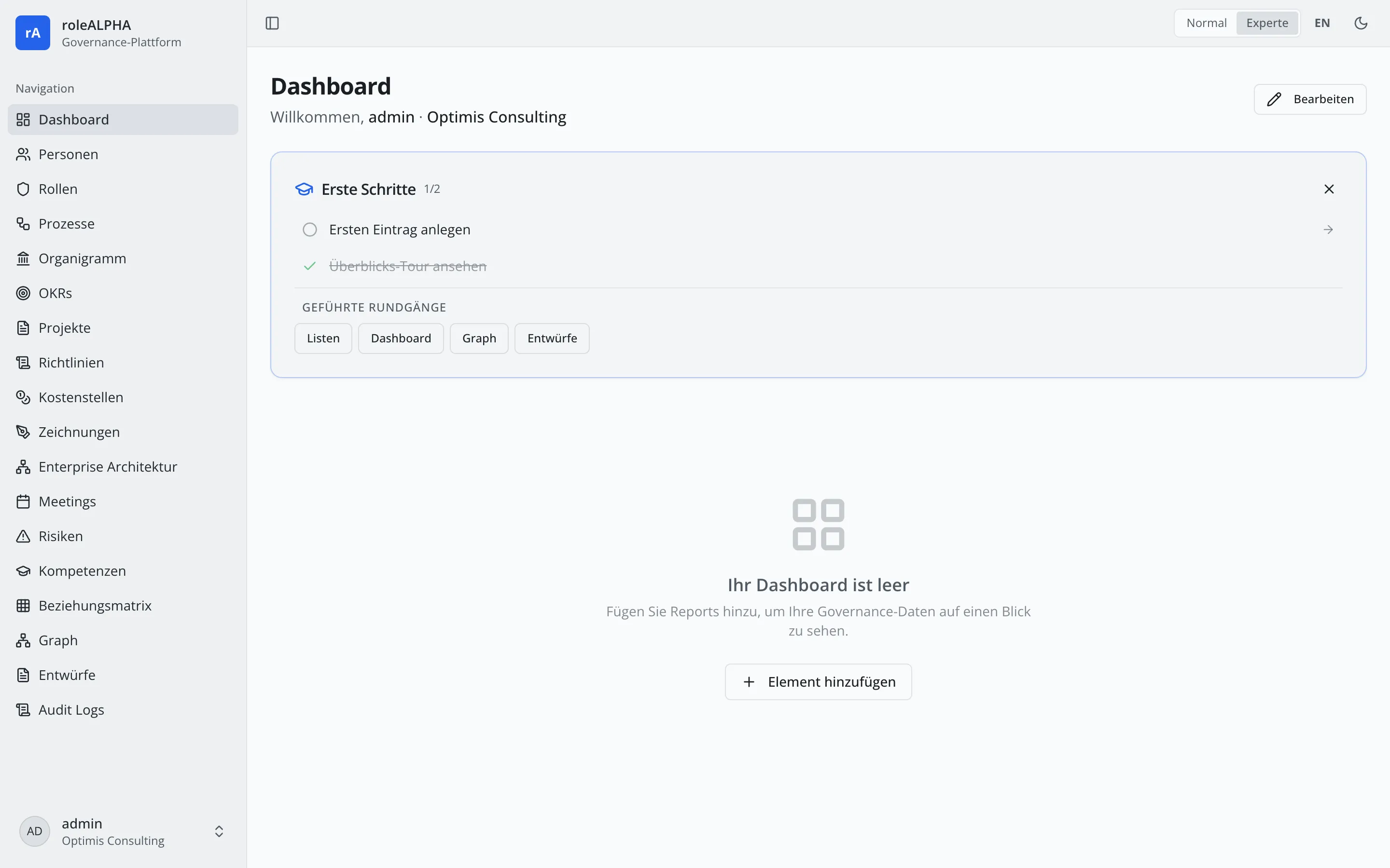 Setup-Checkliste auf dem Dashboard