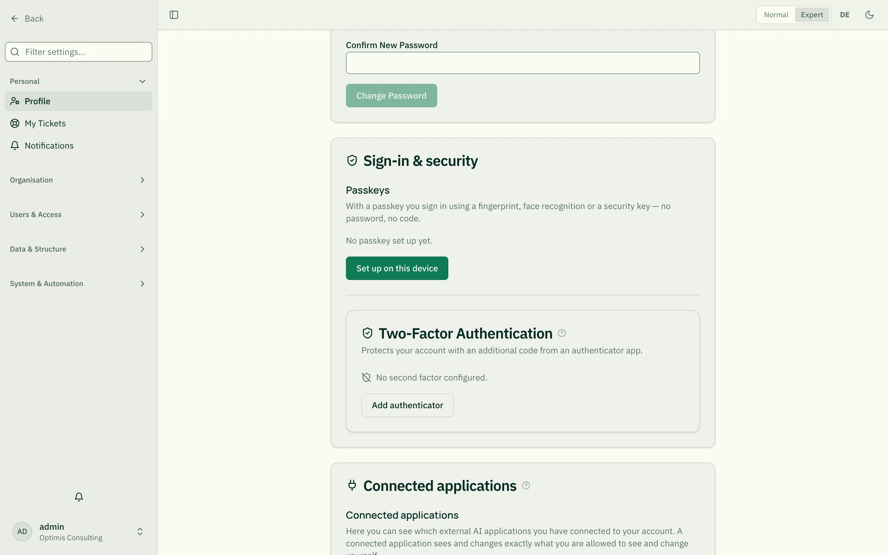 The "Sign-in & security" section on the profile page: passkeys on top, the authenticator app below