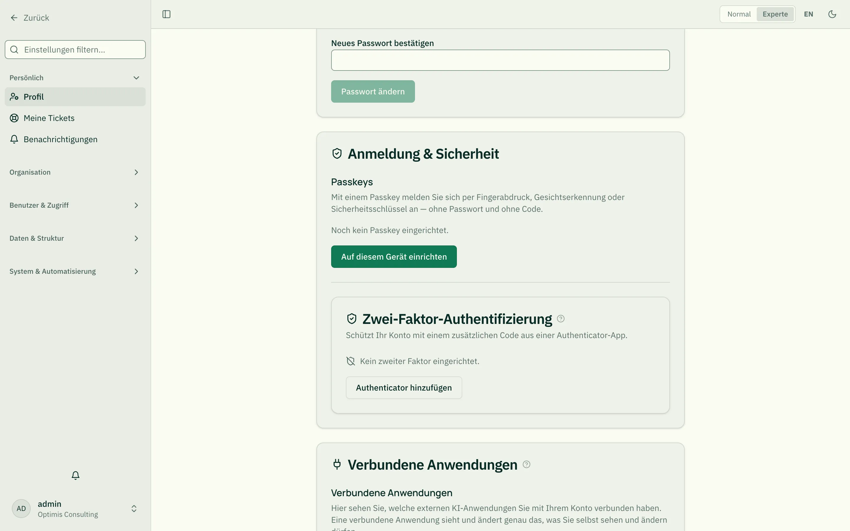 Der Abschnitt „Anmeldung & Sicherheit" auf der Profilseite: Passkeys oben, die Authenticator-App darunter