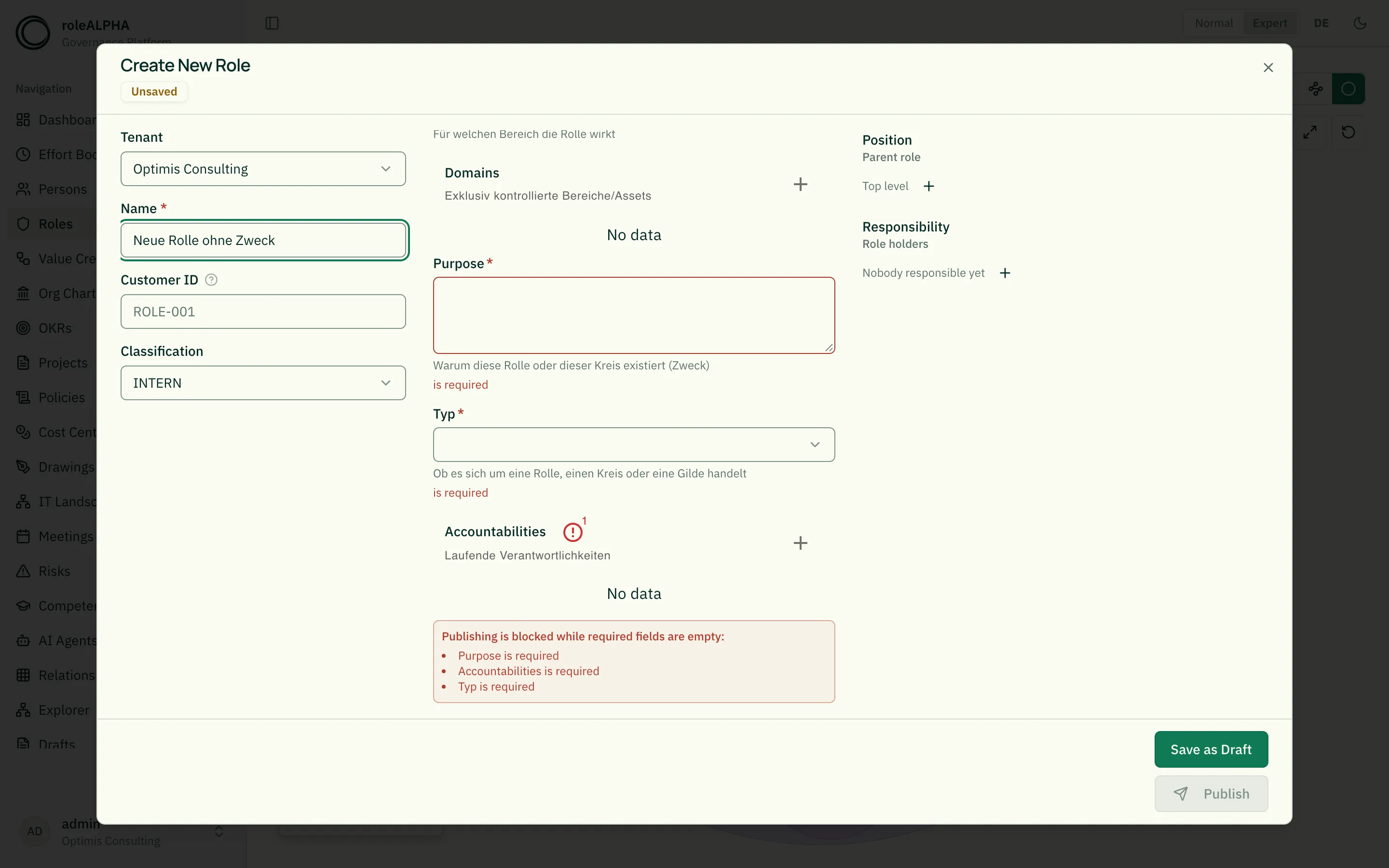 Create dialog with empty required fields: "Publish" is blocked, the summary names the missing fields, "Save as draft" stays available