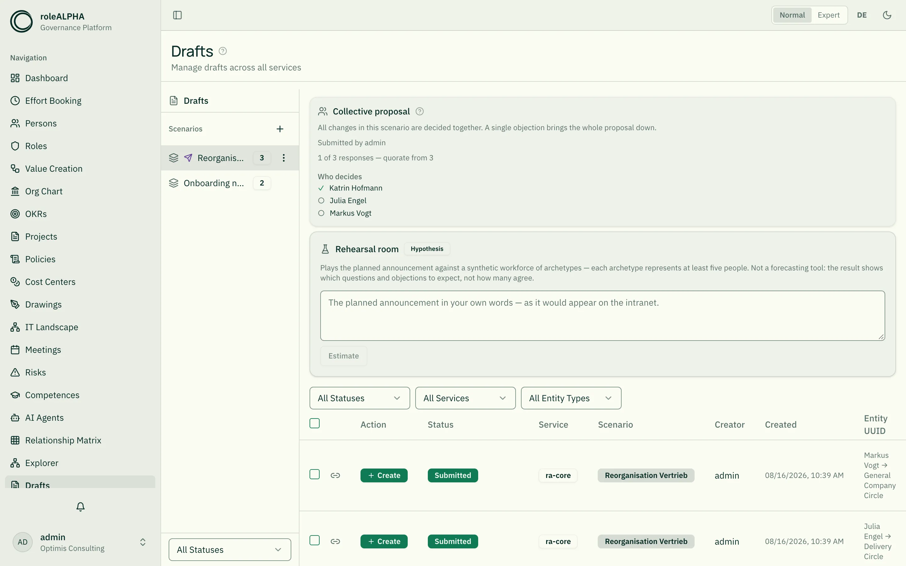 The drafts page with the scenario sidebar and a submitted collective proposal