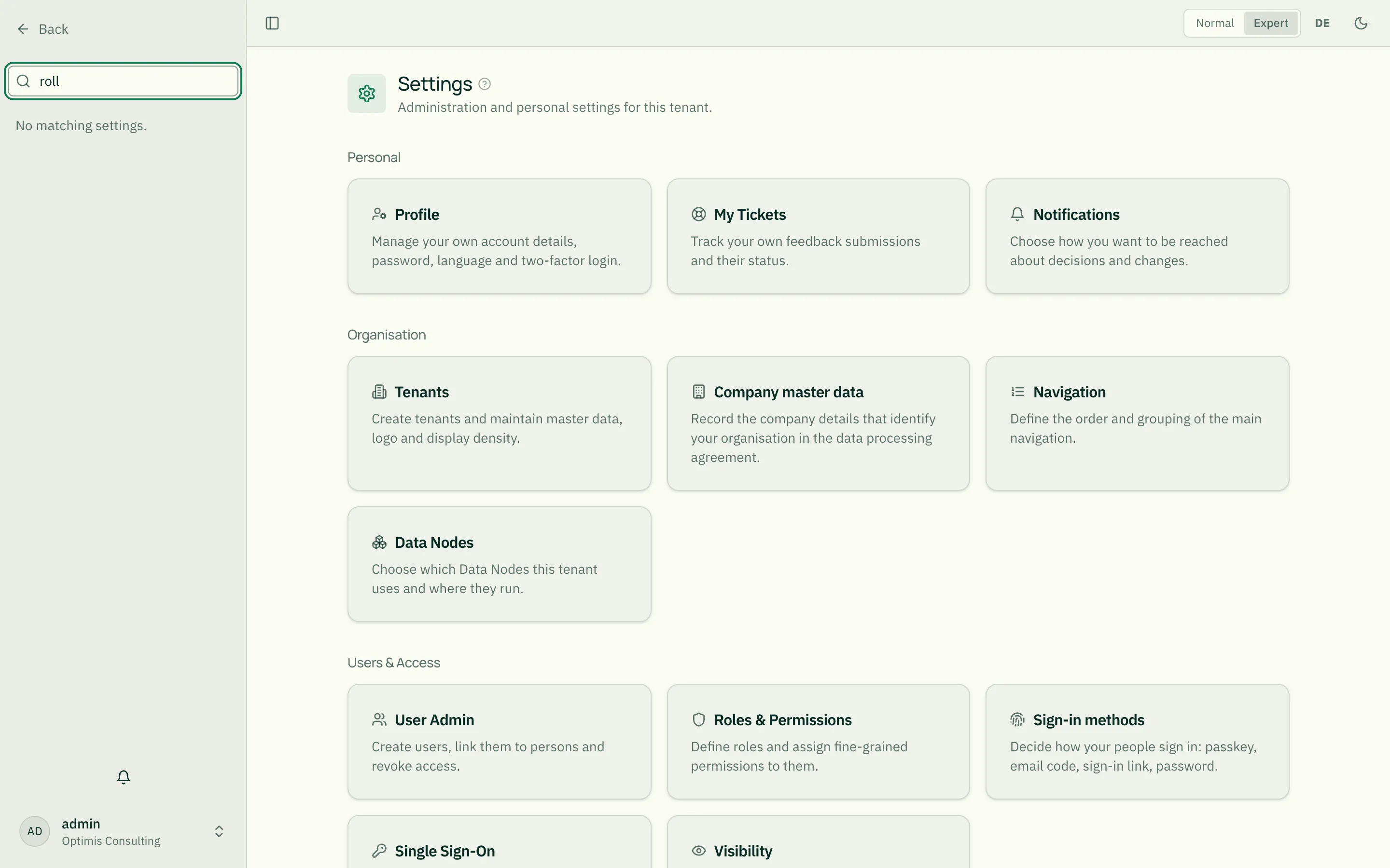 Filtered settings navigation
