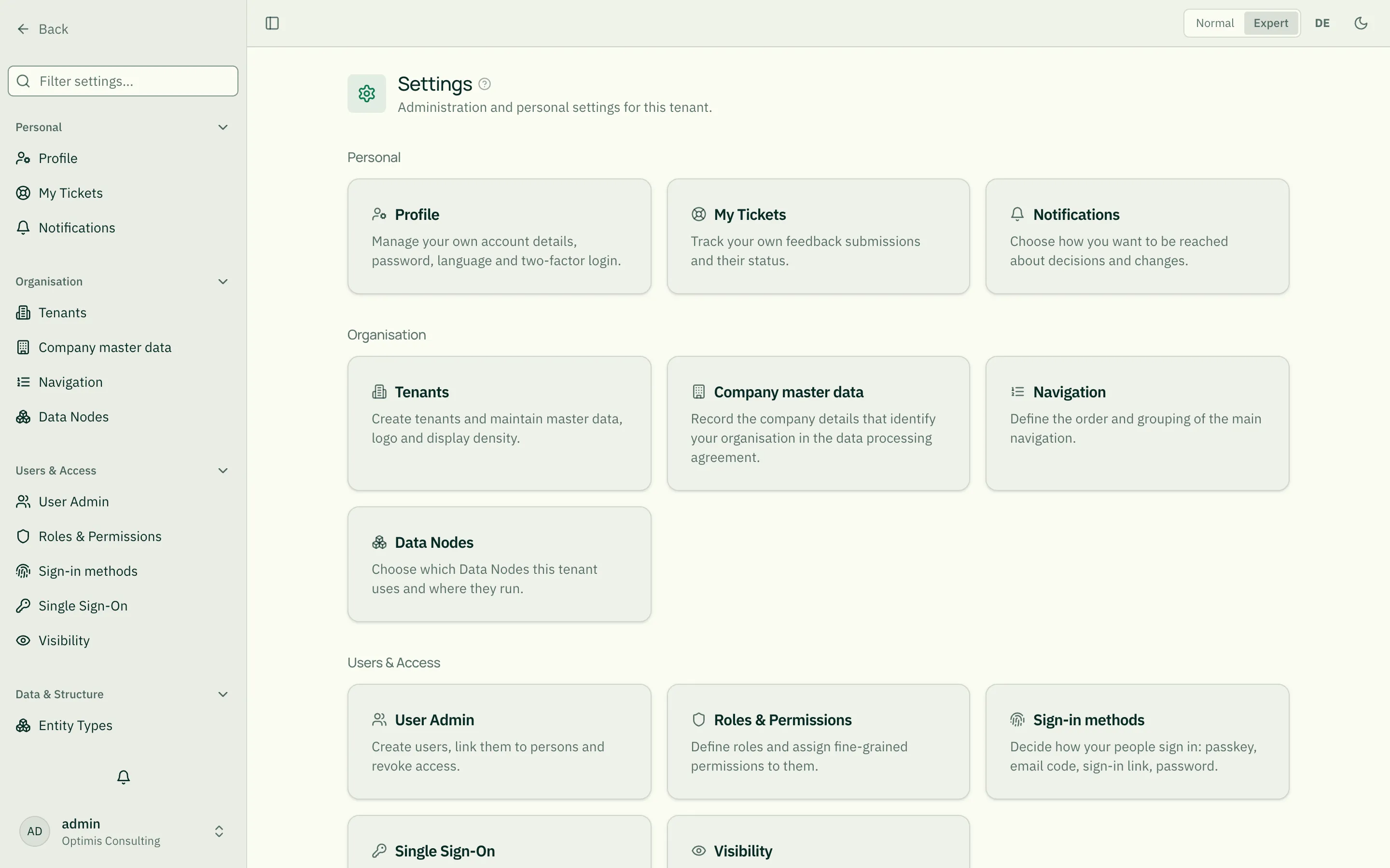 Settings landing page with the five clusters