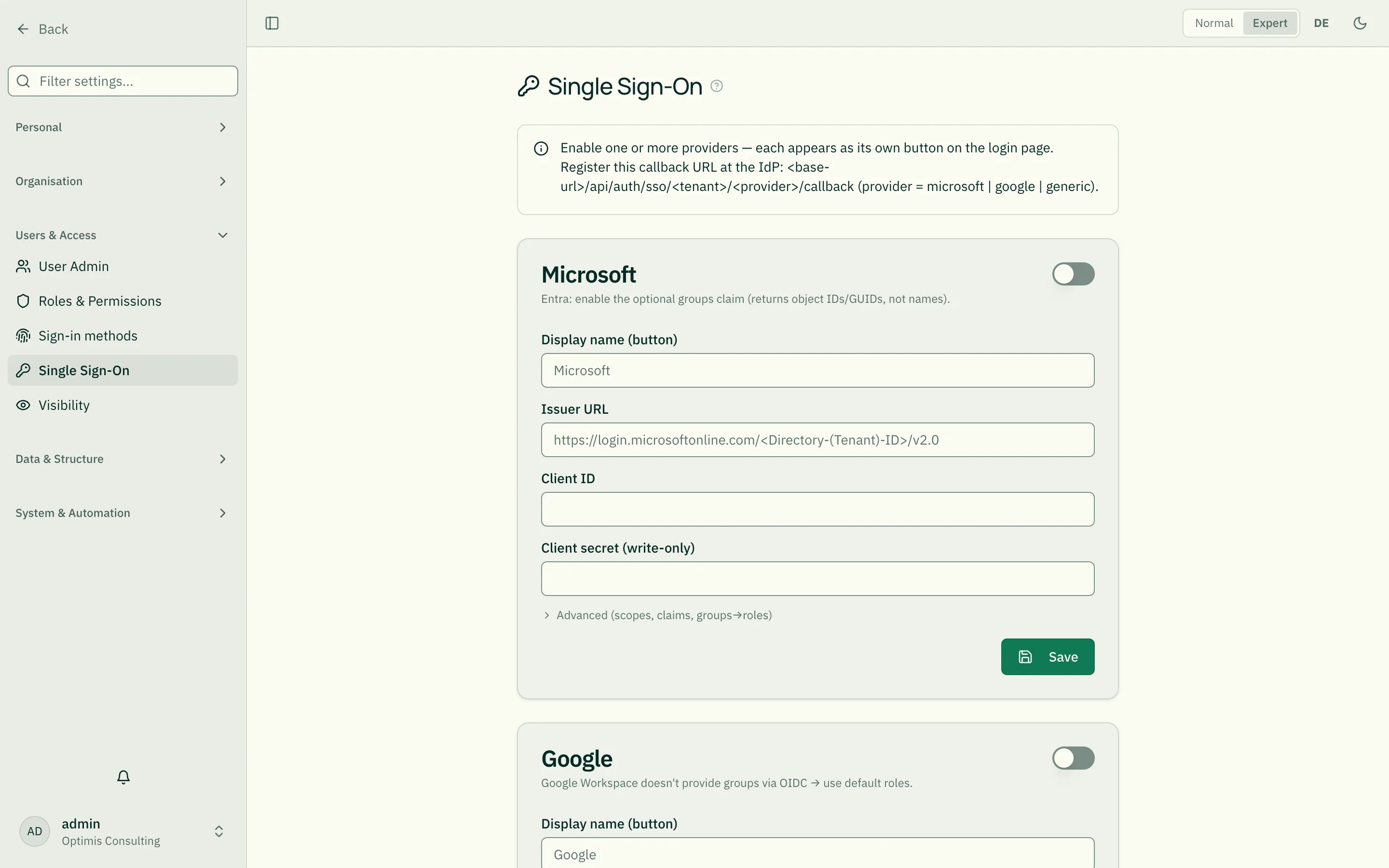 The Single Sign-On settings page with one card each for Microsoft, Google and generic SSO