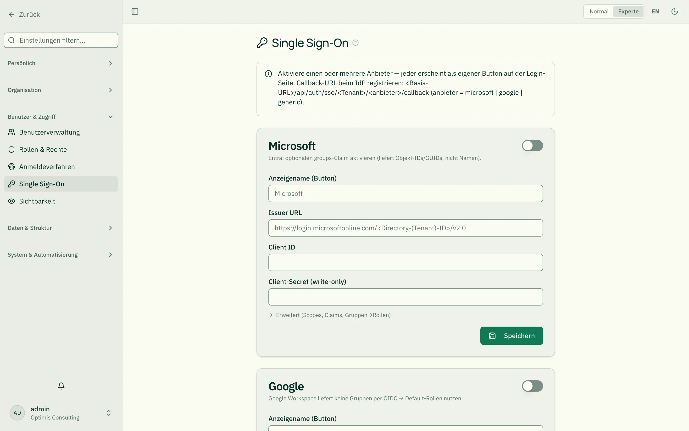 Die Single-Sign-On-Einstellungsseite mit je einer Karte für Microsoft, Google und generisches SSO
