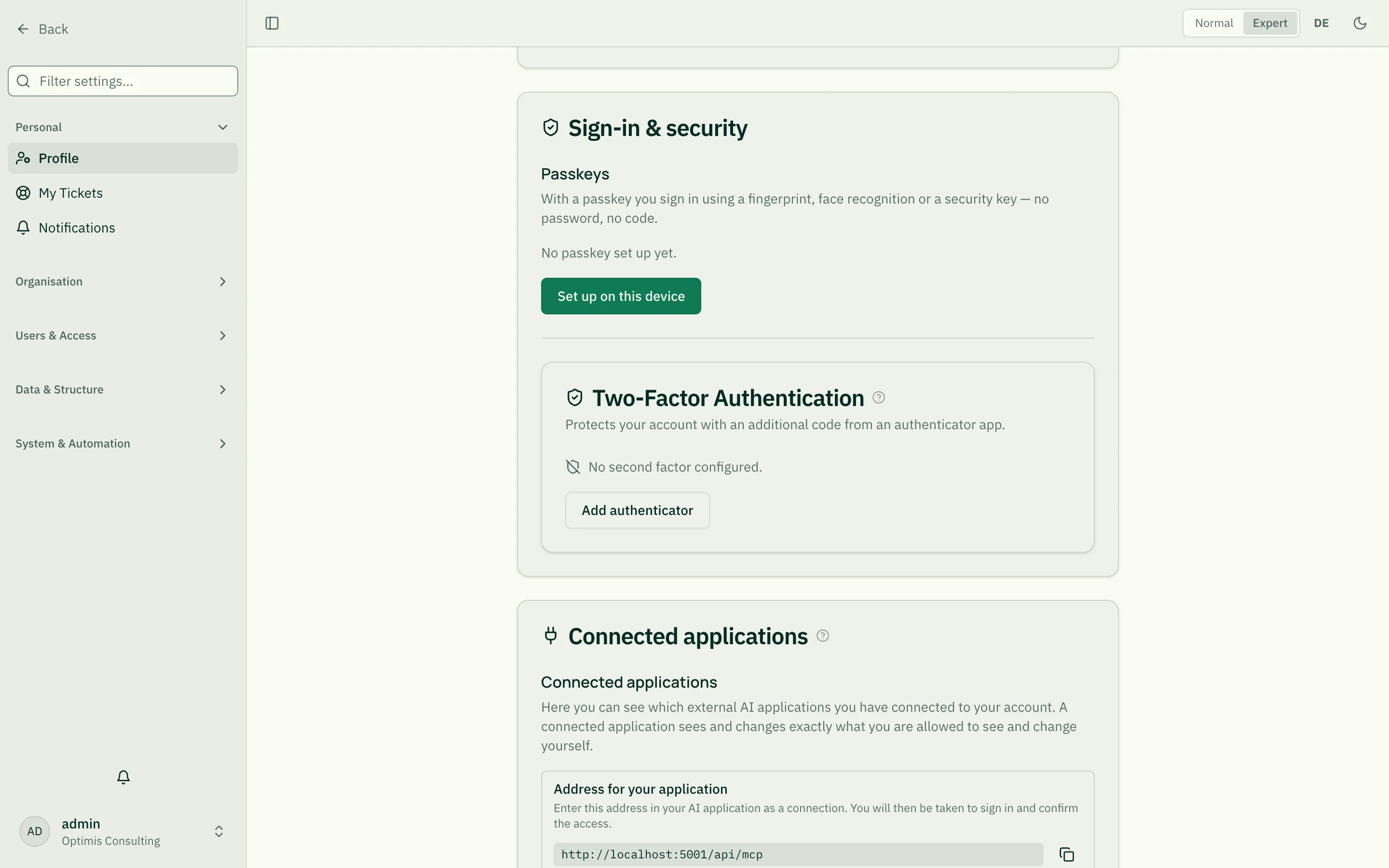 The two-factor card on the profile page with "Add authenticator"