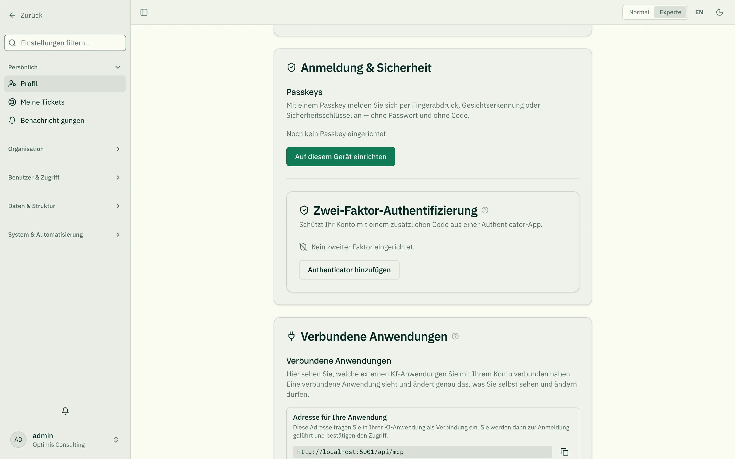 Die Zwei-Faktor-Karte auf der Profilseite mit „Authenticator hinzufügen"