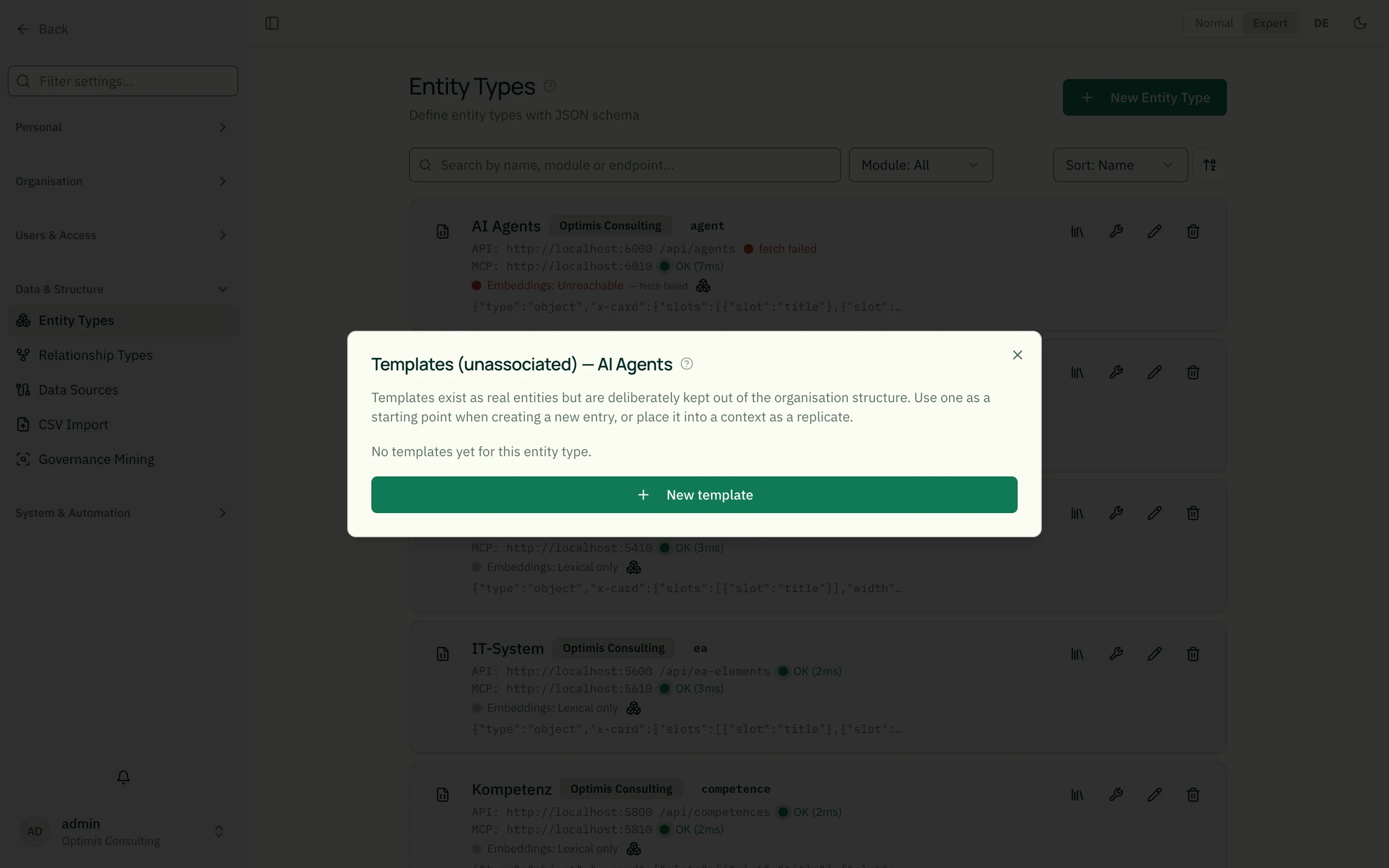 Template management on the entity type