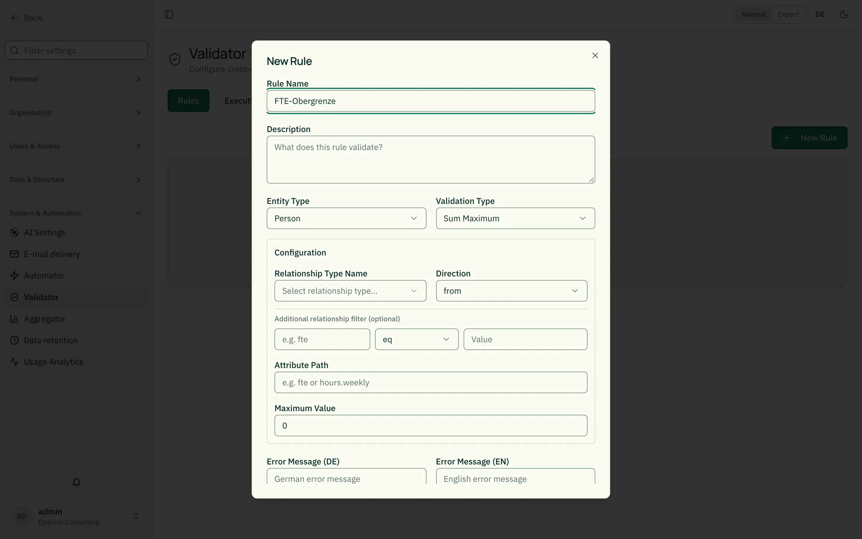 Rule editor with validation type and configuration