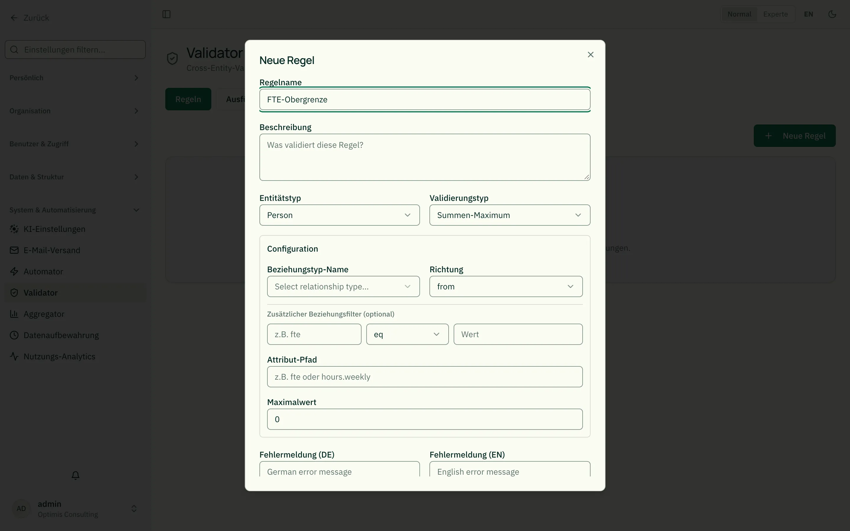 Regel-Editor mit Validierungstyp und Konfiguration